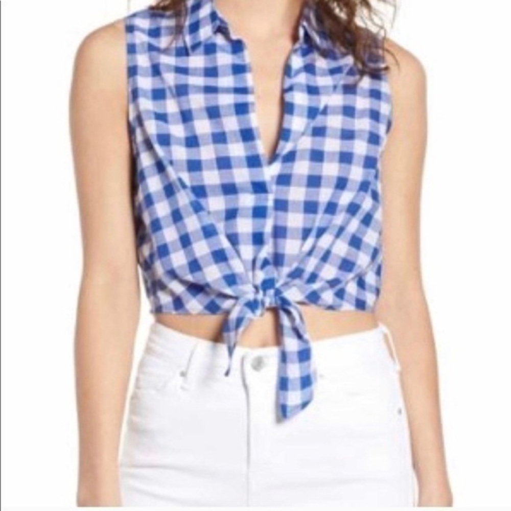 Lush Blue & White Gingham Tie Hem Top Large